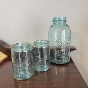 3 Pc Ball Mason Jar Blue/Green Glass "7", "5" & "4" On Bottom, Antique - Vintage